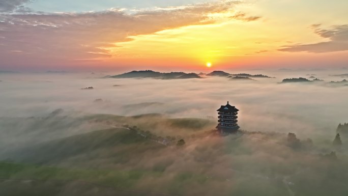 4K贵州遵义湄潭茶海日出航拍