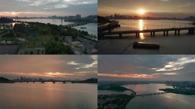 武汉南湖大桥的白天与傍晚夕阳日落晚霞航拍