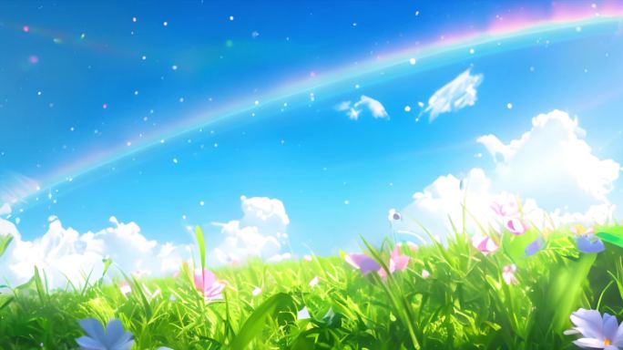 4k梦幻小清新蓝天白云花田彩虹循环背景