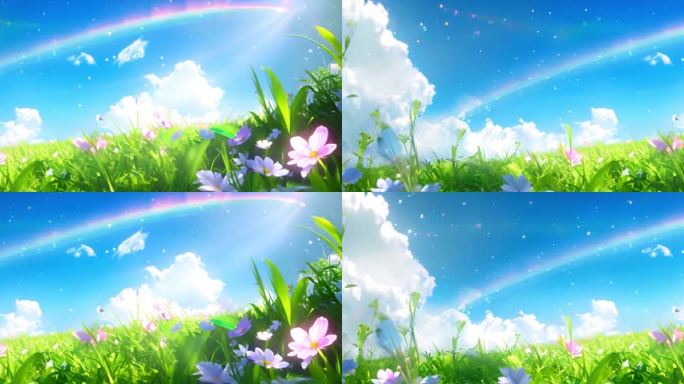 4k梦幻小清新蓝天白云花田彩虹循环背景