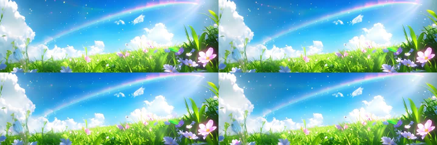 4k梦幻小清新蓝天白云花田彩虹循环背景