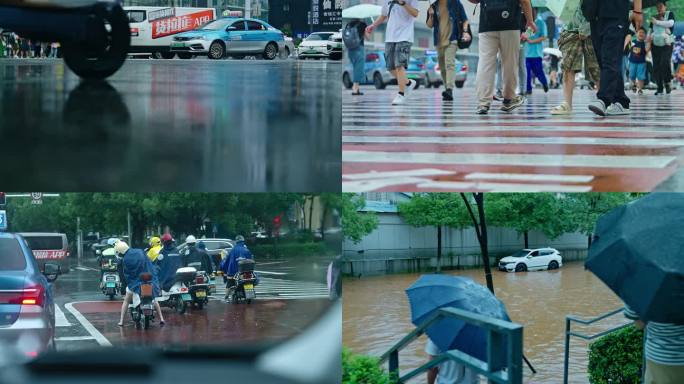 城市下雨暴雨打伞道路被淹淹没道路公园