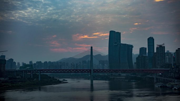 重庆朝天门朝霞日出中景延时