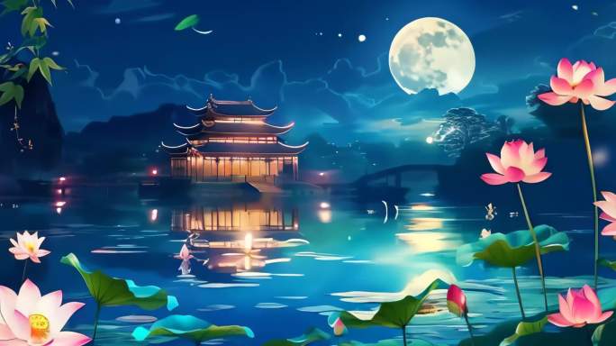 荷塘月色-中秋节圆月背景