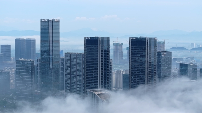 航拍杭州未来科技城云海