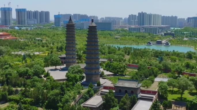 航拍太原市地标建筑双塔