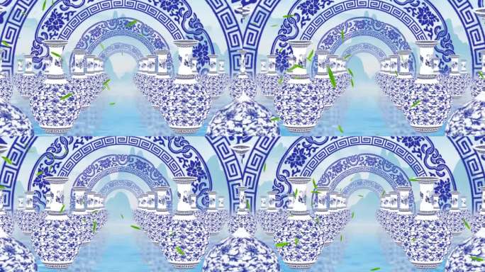 青花瓷纹理竹叶晚会背景视频
