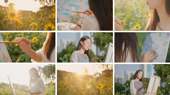 美女户外画画写生 花海美女日系小清新美女