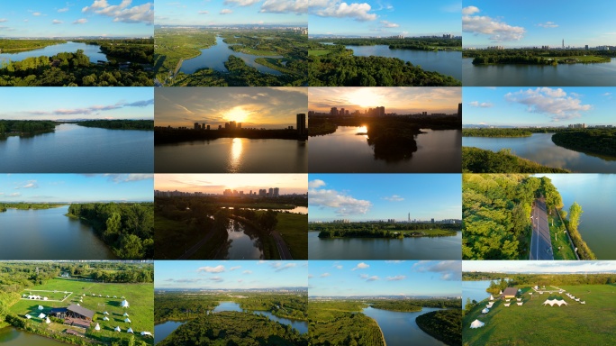 夕阳下成都青龙湖公园航拍 4K