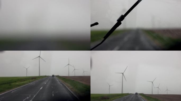 通过风电场的公路之旅与主动雨刷