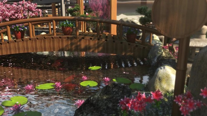 日式温泉 小桥流水 樱花 亭子 度假村