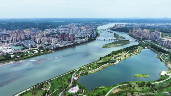 眉山市洪雅县城航拍青衣江流域城市风景