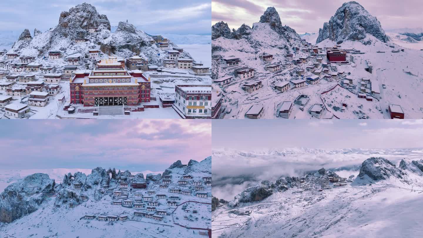 西藏孜珠寺绝美晚霞雪景航拍4K