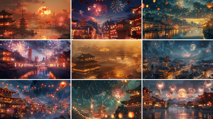 盛世大唐 长安 中秋赏月 烟花孔明灯夜景