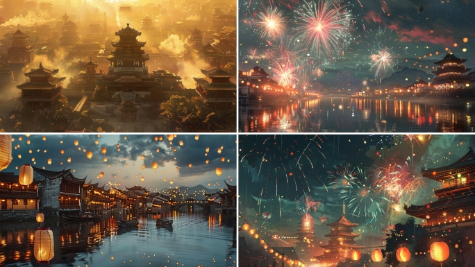 盛世大唐 长安 中秋赏月 烟花孔明灯夜景