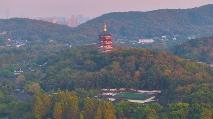 西湖雷峰塔景区大自然风光群山航拍杭州风景