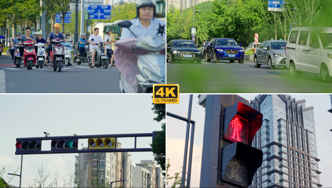 4k_上下班路口汽车骑电动车红绿灯过马路