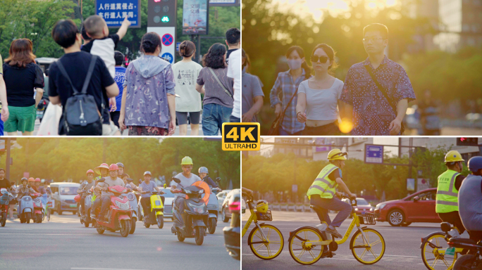 4k_上下班路口汽车电动车红绿灯过马路