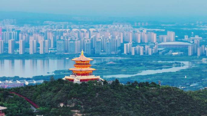 太原太山远眺太原城市全景 航拍
