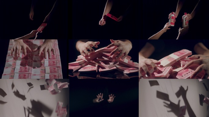 贪婪的手搂到怀中大量现金钞票飞舞腐败受贿