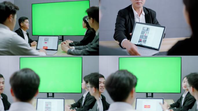 商务正装职员会议室开会电视机绿幕抠像
