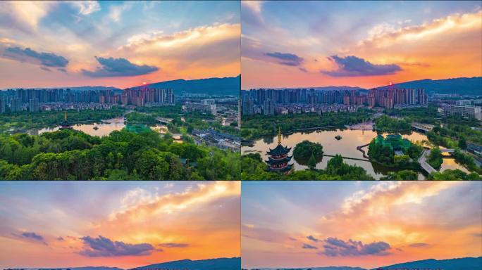 重庆永川城市兴龙湖日落延时航拍