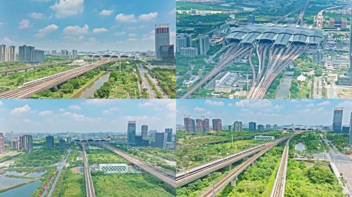 广州南站高铁列车进出站航拍