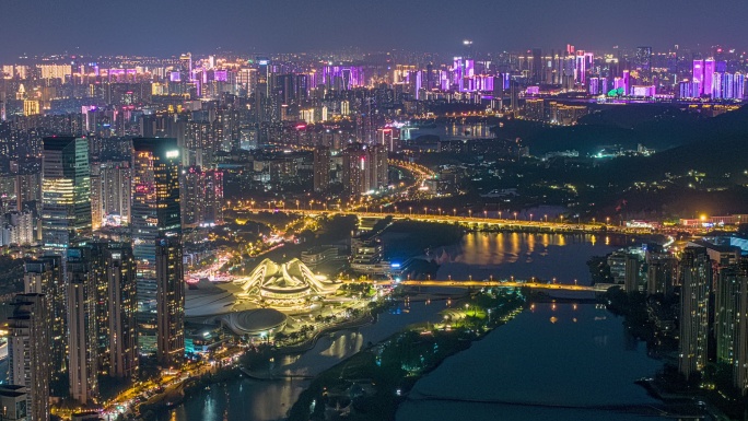 长沙梅溪湖内透夜景延时航拍