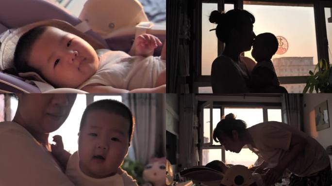 逆光唯美妈妈抱着婴儿玩耍婴幼儿成长