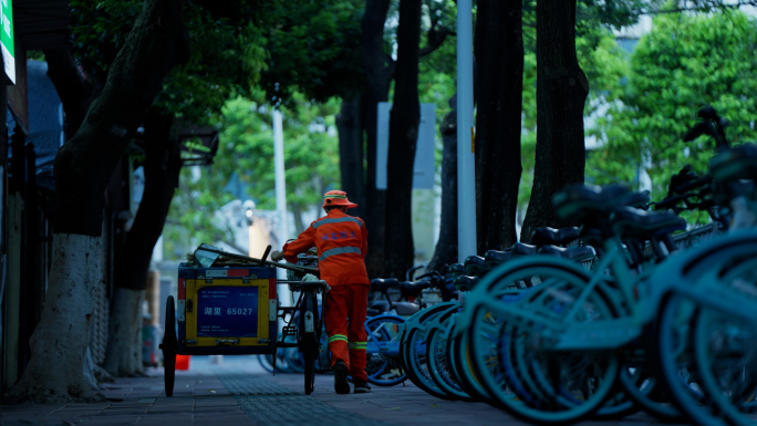 清晨的环卫工人扫落叶