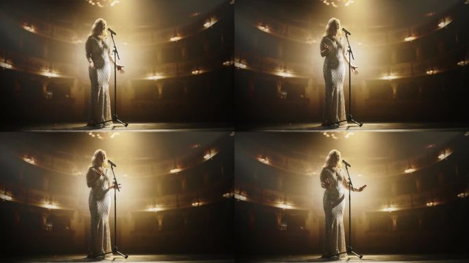 标志性的歌剧演唱家以她威严的嗓音和优雅的舞台风度吸引了观众。漂亮的成年女性穿着闪亮的银色礼服，对着麦