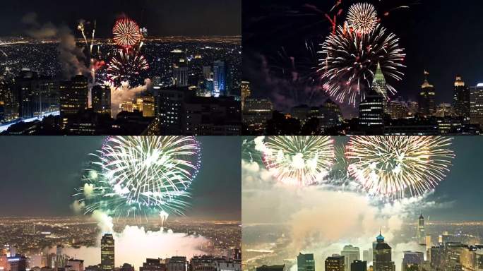 城市夜晚烟花城市高楼烟花城市夜景烟火盛宴