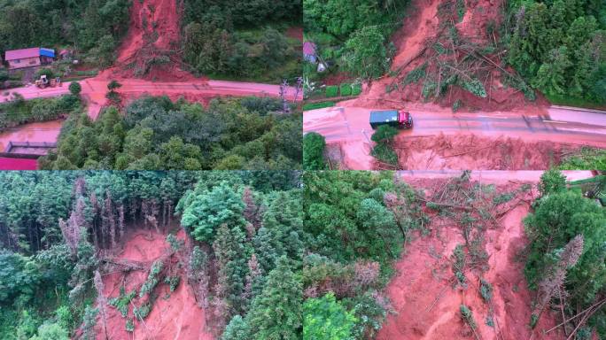 航拍国道道路塌方山洪爆发冲毁道路