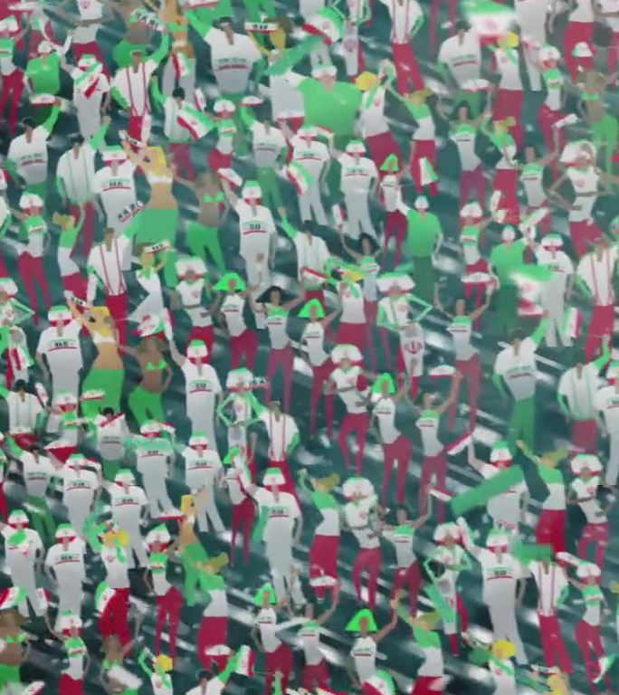 体育场看台上的人群身着伊朗国旗的颜色。兴奋的球迷挥舞着旗帜