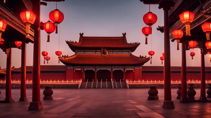 中式汉唐建筑红色灯笼过年气氛