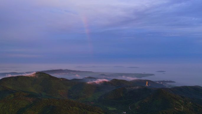 苏州太湖西山岛雨后彩虹云海和晚霞