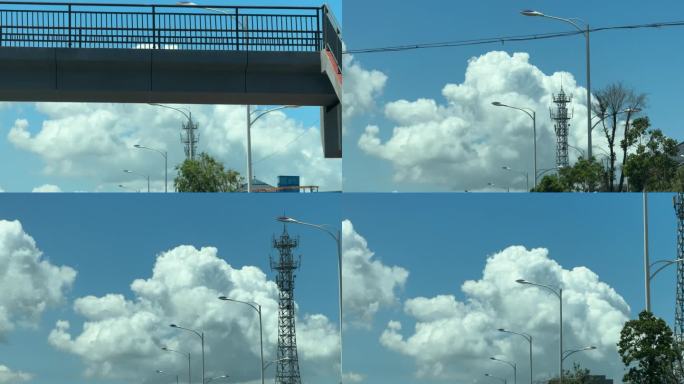 车窗外风景汽车窗外树林蓝天白云车侧窗风景