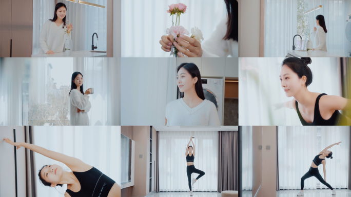 女人居家惬意生活插花喝茶做瑜伽运动