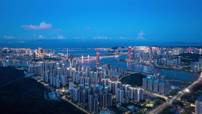 最新航拍珠海横琴十字门蓝调夜景延时合集