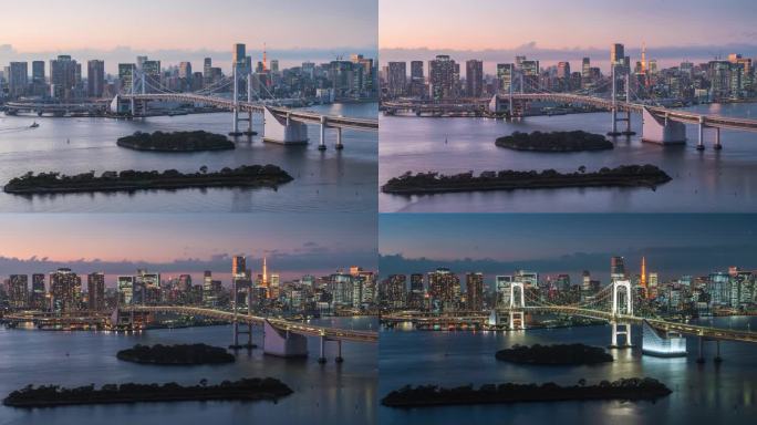 日本东京东京湾和彩虹桥的日-夜东京天际线延时图