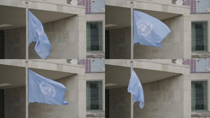 纽约联合国总部外飘扬的联合国旗帜特写