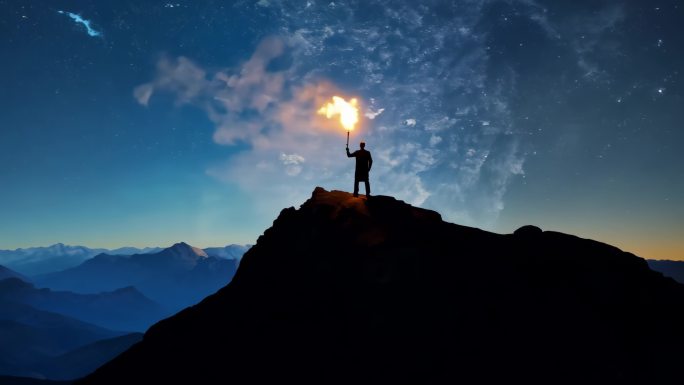 拿着火把站在山顶上的人