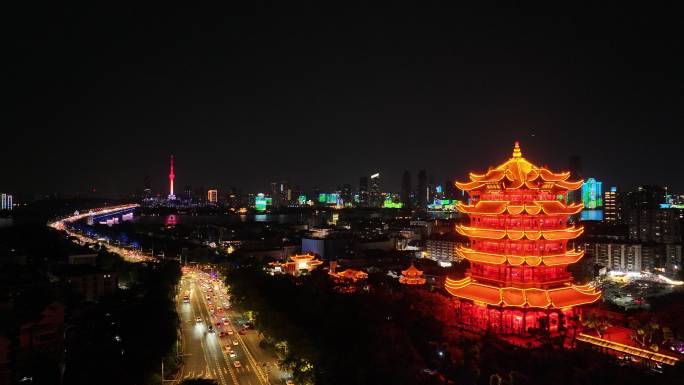 武汉黄鹤楼武汉灯光秀长江大桥夜景航拍