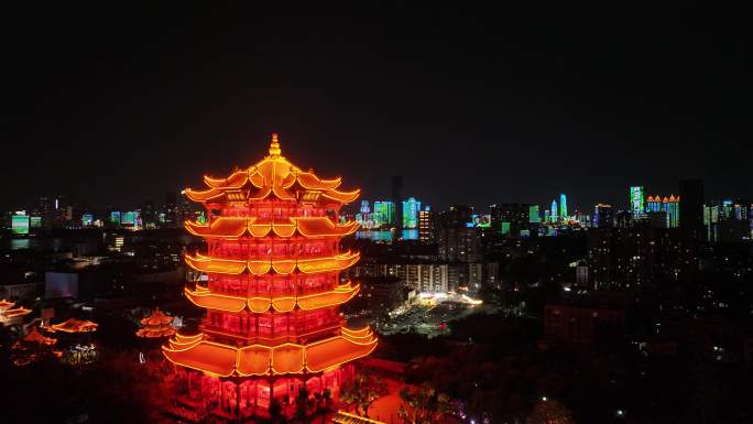 武汉黄鹤楼武汉灯光秀长江大桥夜景航拍