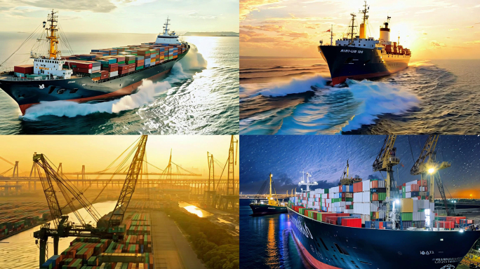 多时段航拍远洋集装箱货轮，多角度合集