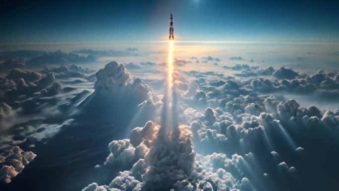 火箭发射升空恢弘场景中国神舟飞船云端太空