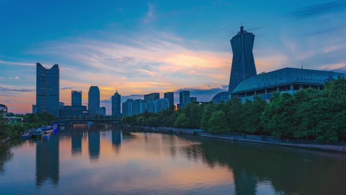 西湖文化广场晚霞夜景