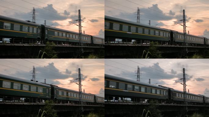 黄昏夕阳下的绿皮火车