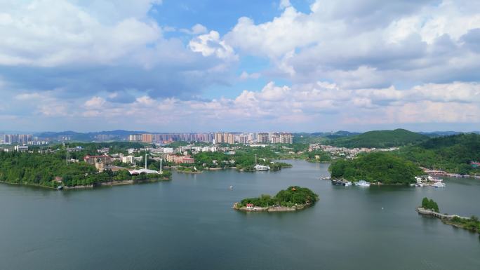 贵州山水 红枫湖旅游景区 湖泊 城市高楼