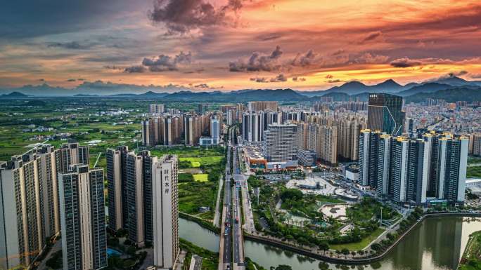 汕尾海丰三环路城市地标建筑日转夜航拍延时